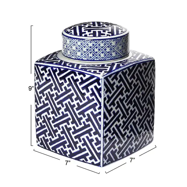 Painted Geometric Pattern Stoneware Jar With Lid | Antique Farmhouse