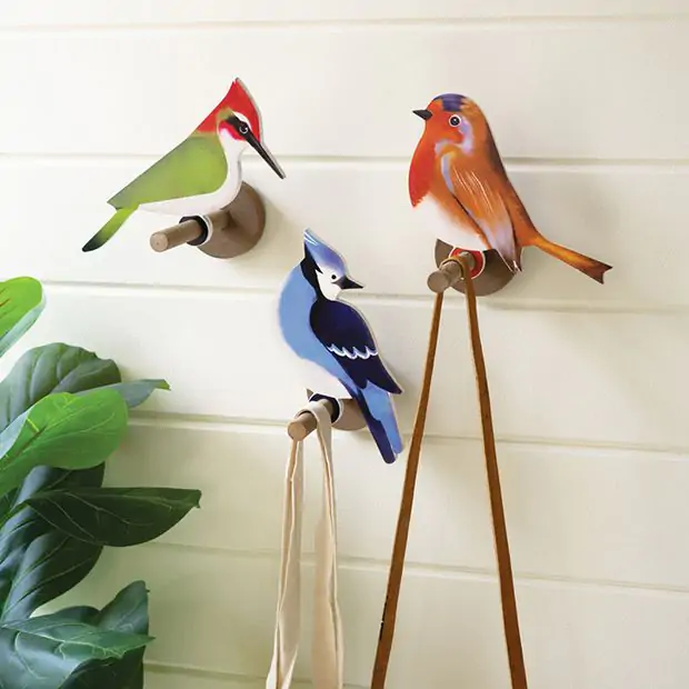 Painted Wood Perched Bird Wall Hooks Set of Antique Farmhouse