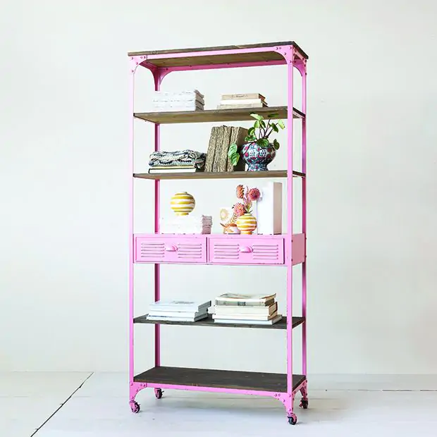 Pink Metal and Wood 5 Tier Rolling Shelf | Antique Farmhouse