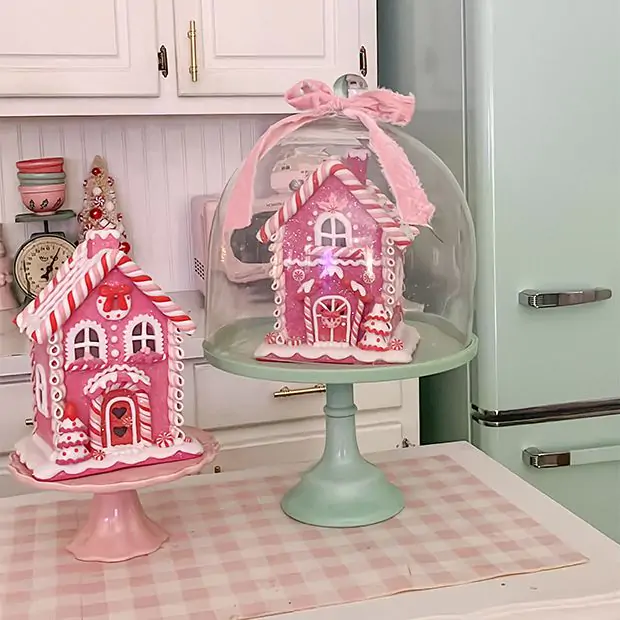 Pink Peppermint Lighted Gingerbread House Set of 2 | Antique Farmhouse