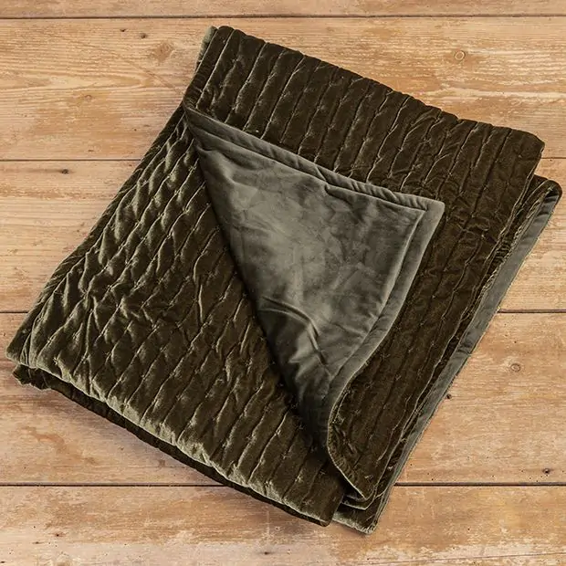 Quilted Dark Green Velvet Throw Antique Farmhouse