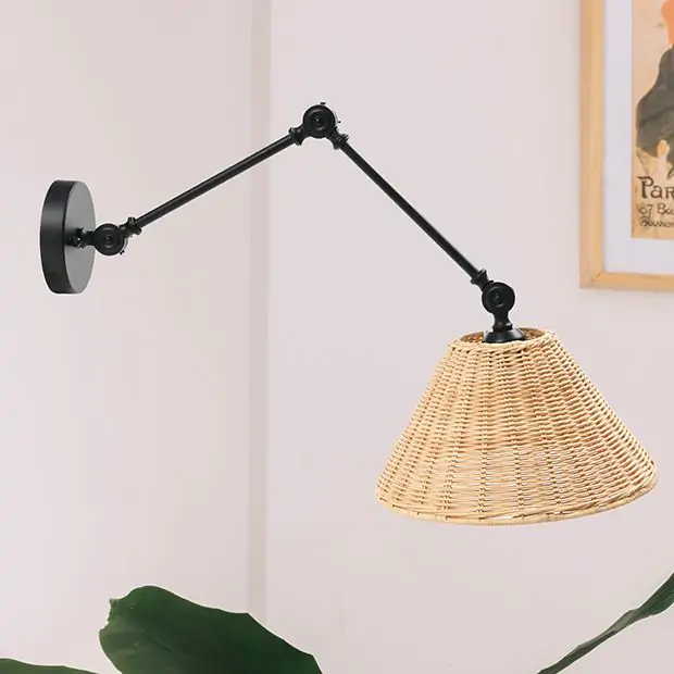 Rattan Shade Adjustable Wall Sconce Lamp Antique Farmhouse