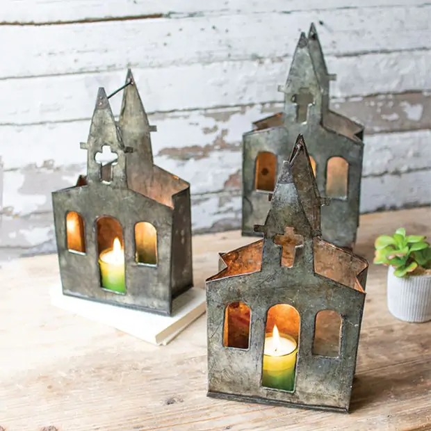 Recycled Metal Church Candle Holder Set of 6 Antique Farmhouse