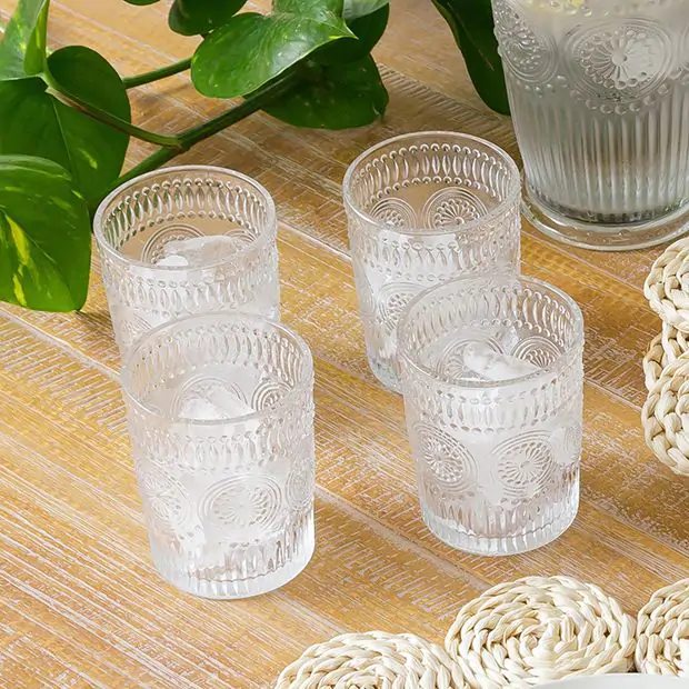 Retro Inspired Embossed Drinking Glass Set of 4