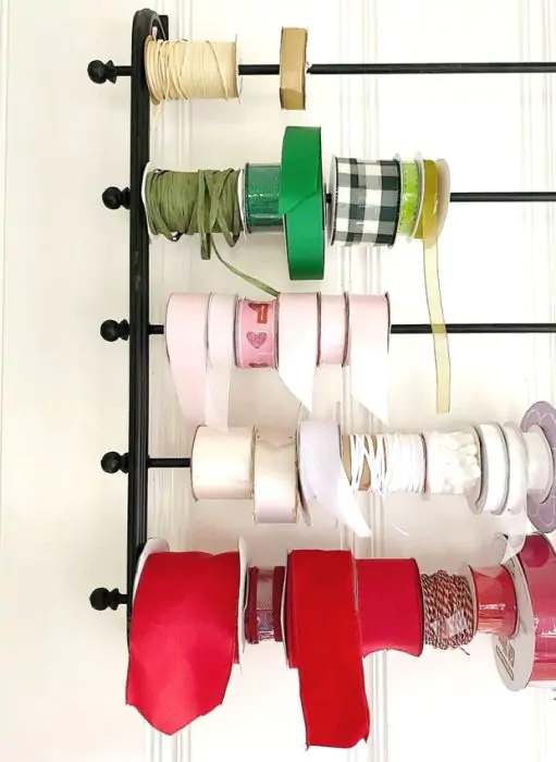 Ribbon and Wrapping Paper Wall Rack Antique Farmhouse