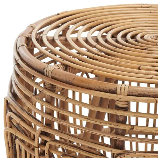 Round Brown Wash Rattan Ottoman | Antique Farmhouse