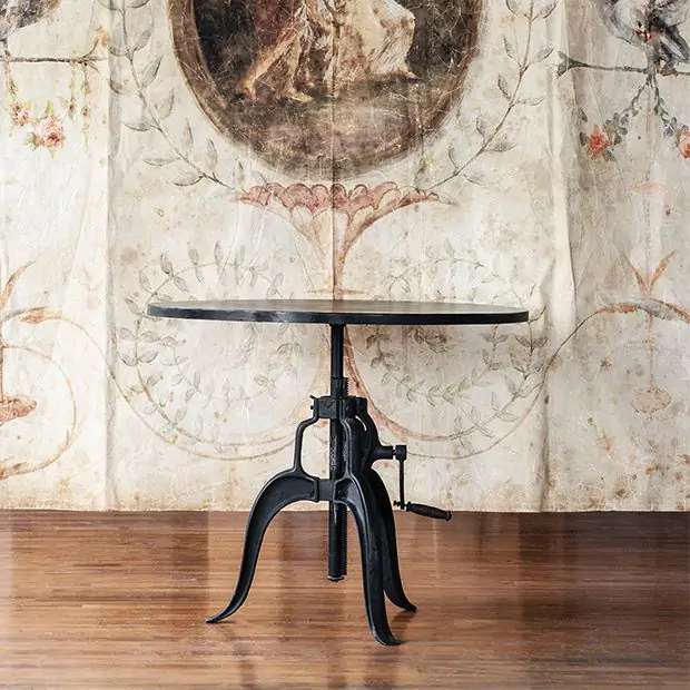 Round Cast Iron Crank Table Antique Farmhouse