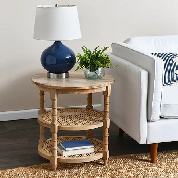 Round Mango Wood Table with 2 Cane Shelves Distressed White