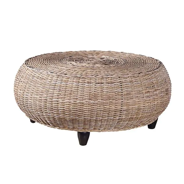 Round Woven Rattan Ottoman Antique Farmhouse