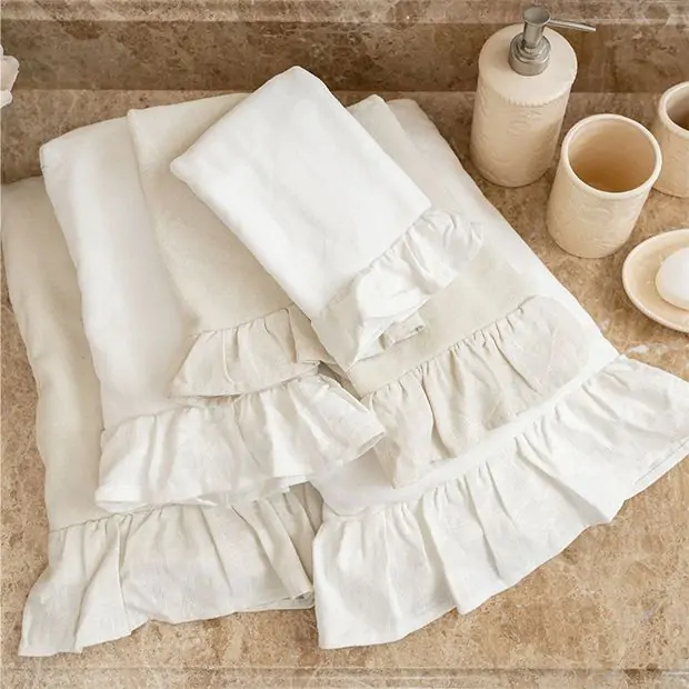 Ruffle Trim 3 Piece White Linen Towel Set Antique Farmhouse