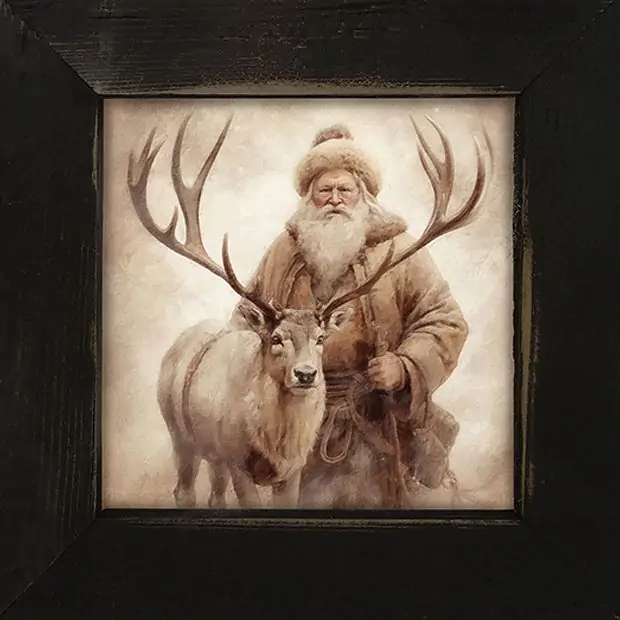 ヴィンテージARTサイン入りサンタ2体 Rustic Framed Vintage Santa With Reindeer Wall Art | Antique Farmhouse
