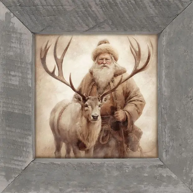 ヴィンテージARTサイン入りサンタ2体 Rustic Framed Vintage Santa With Reindeer Wall Art | Antique Farmhouse