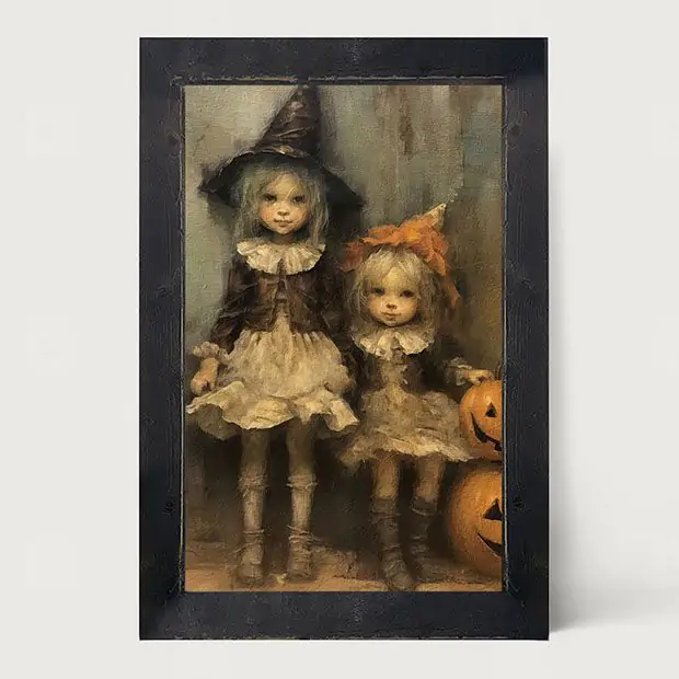 Rustic Framed Witchy Duo Vertical Wall Art | Antique Farmhouse