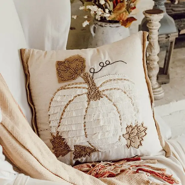 Rustic Neutrals Embroidered Pumpkin Accent Pillow Antique Farmhouse