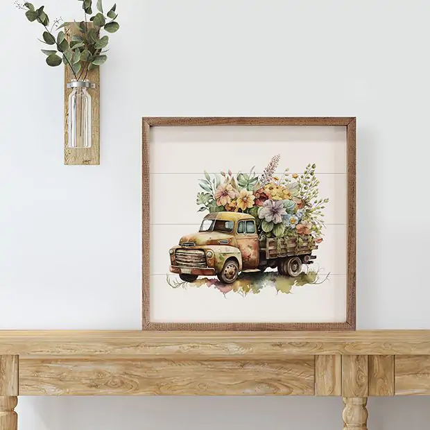 Rusty Truck Wood Box Flowers Front View Wall Decor | Antique Farmhouse