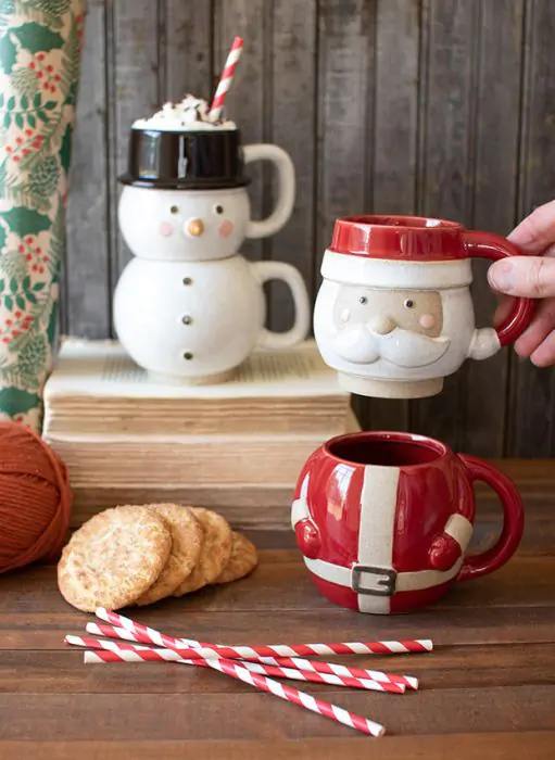 【100個セット】クリスマス サンタ＆スノーマン 陶器カップ 業務用 Santa and Snowman Stacking Mugs Set | Antique Farmhouse