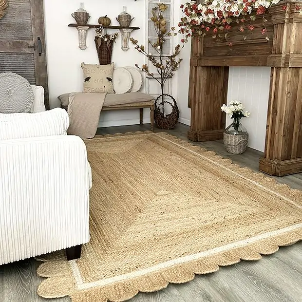 ACME Furniture 裏地剥がれあり　TRIGONRUG Scalloped Jute Ivory Trim Area Rug | Antique Farmhouse