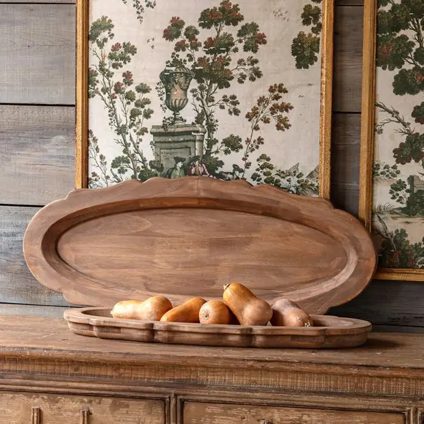 Scalloped Wood Decorative Oval Platter Set of Antique Farmhouse - Main Image