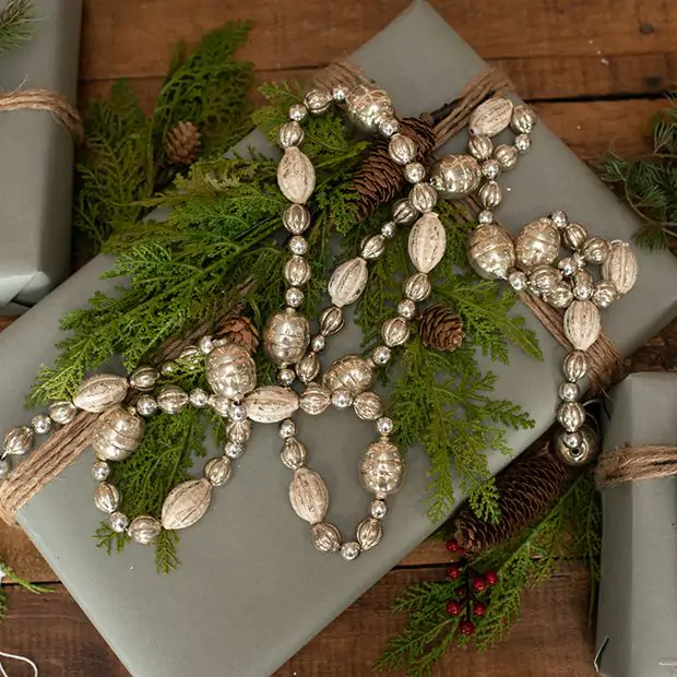 Silver and White Oval Glass Bead Garland Antique Farmhouse