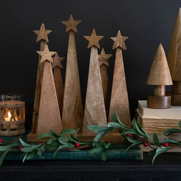 Star Topped Wooden Christmas Trees on Base Antique Farmhouse