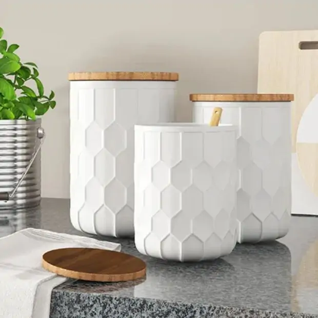 Stoneware Canister Trio With Bamboo Lid