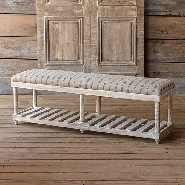 Striped Linen Cushion Bench Antique Farmhouse