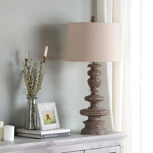 Turned Wood Distressed Table Lamp Antique Farmhouse