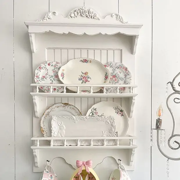 Wall Mount Dish Display Rack With Hooks Antique Farmhouse