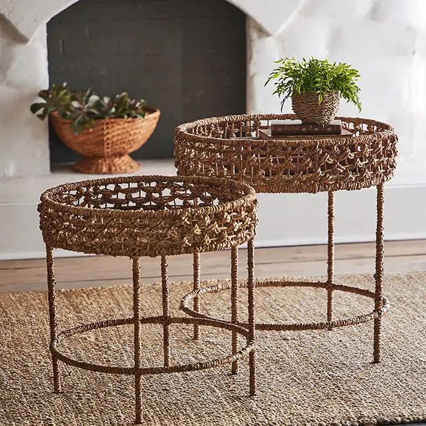 Water Hyacinth And Iron Side Tables Set of 2 | Antique Farmhouse