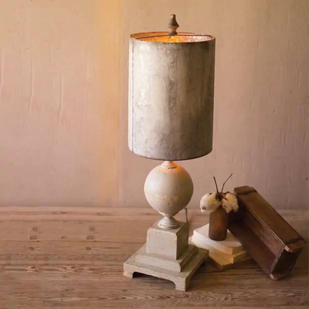 Wood Block Pedestal Table Lamp With Metal Shade Antique Farmhouse