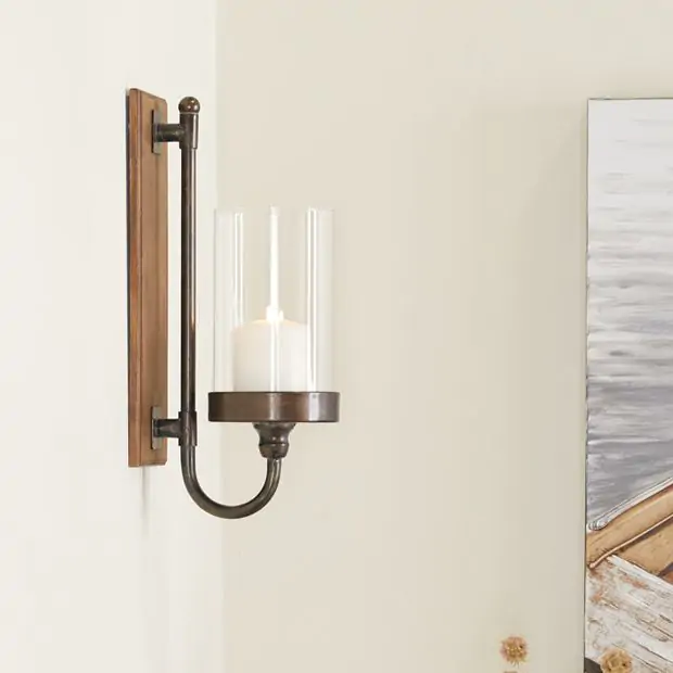 Wood Plaque Wall Sconce With Cylinder Glass Antique Farmhouse