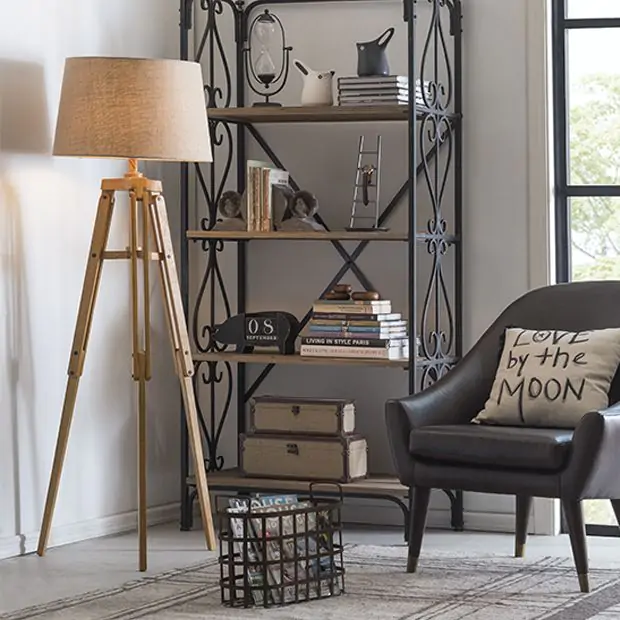 Wood Tripod Floor Lamp With Burlap Shade Antique Farmhouse