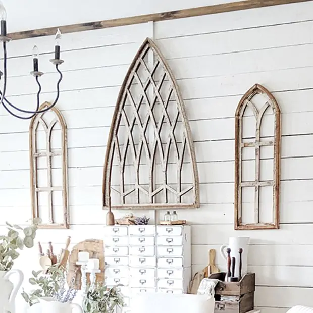 Wooden Cathedral Style Window Decor | Antique Farmhouse