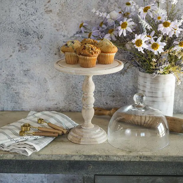 Wooden Dessert Pedestal Stand With Glass Dome Antique Farmhouse