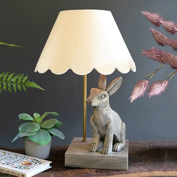 Wooden Rabbit Lamp with Scalloped Shade Antique Farmhouse