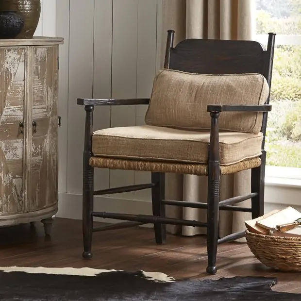 Woven Rush Seat Arm Chair With Cushion Antique Farmhouse