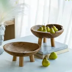 Decorative Footed Teak Bowl Set of 2