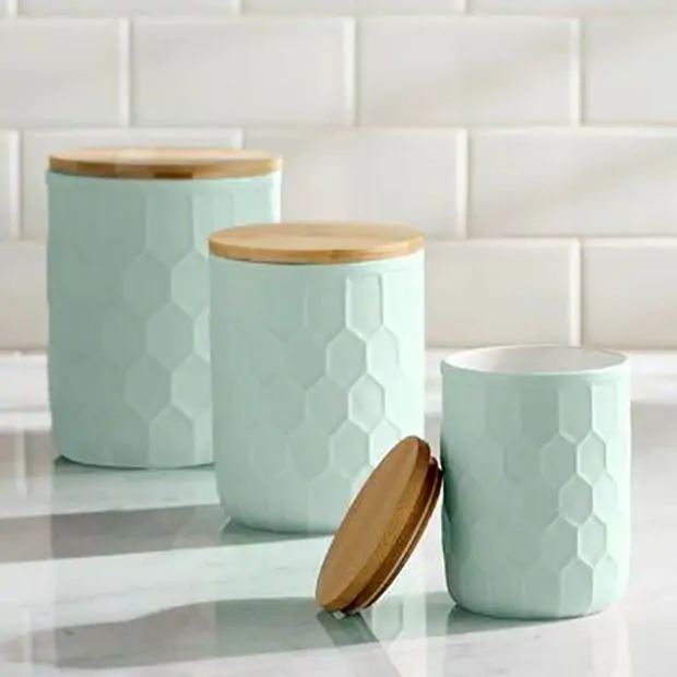 Lidded Embossed Stoneware Canister Set of 3