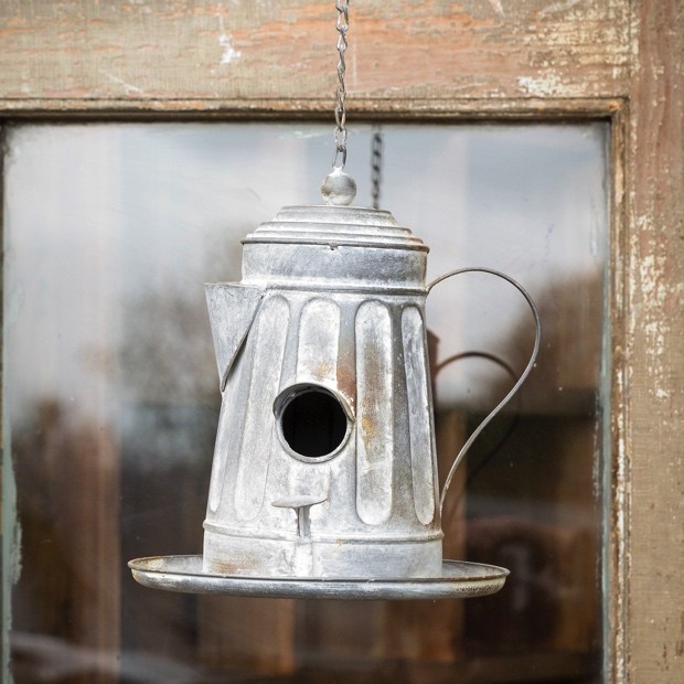Accentuate your shabby chic garden with pieces like this antique tea kettle bird house from Antique Farmhouse!