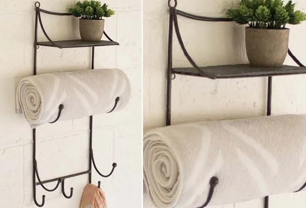 rustic bathroom towel rack and shelf