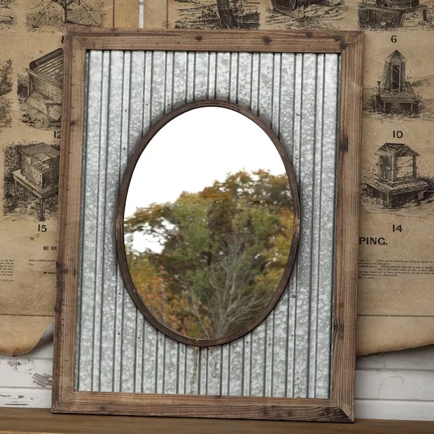 Rustic galvanized oval wooden framed mirror