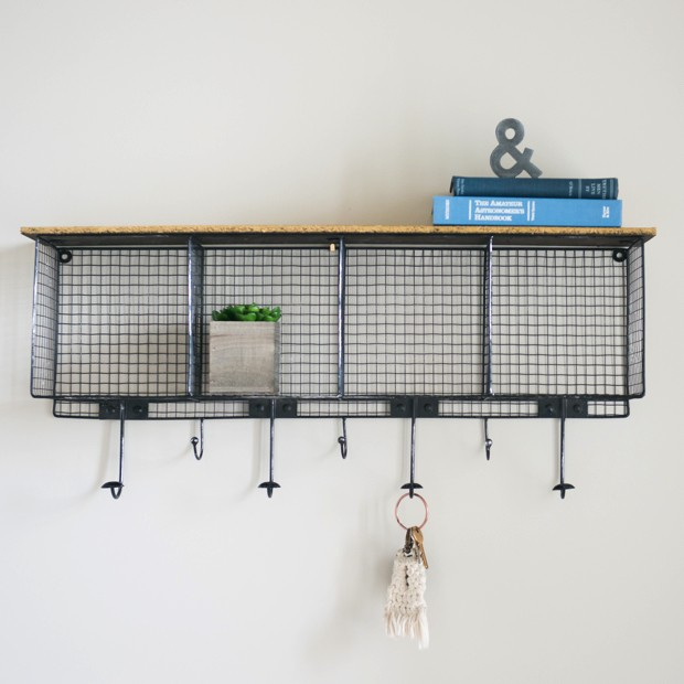 Rustic industrical net crate cubed floating shelf with hooks