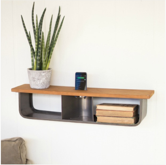 Industrial Floating Wooden Shelf With Cell Phone Holder