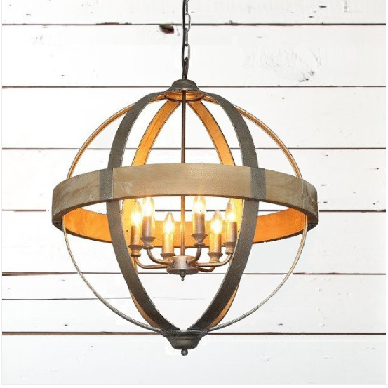 Rustic Shabby Chic Metal and Wood Hanging Orb Chandelier 