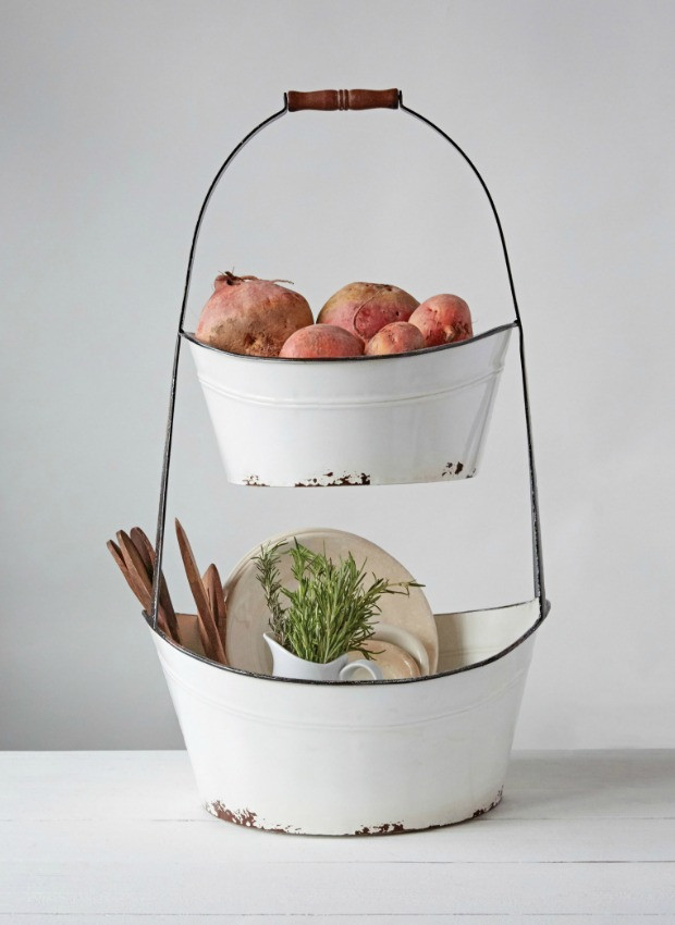 Black and White Enamel 2 Tier Bucket Stand