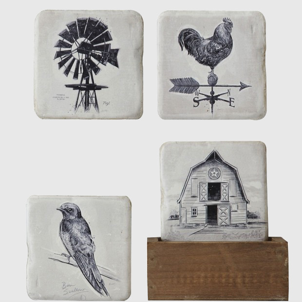 Farmhouse Coasters in a Wood Box Holder