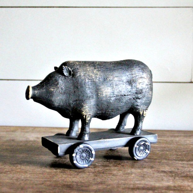 Pig Sculpture on Cart with Wheels