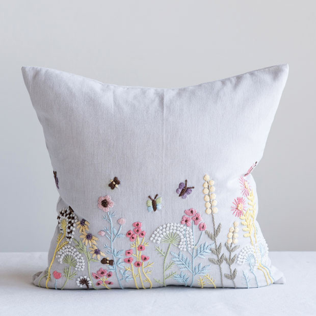 embroidered flower throw pillow